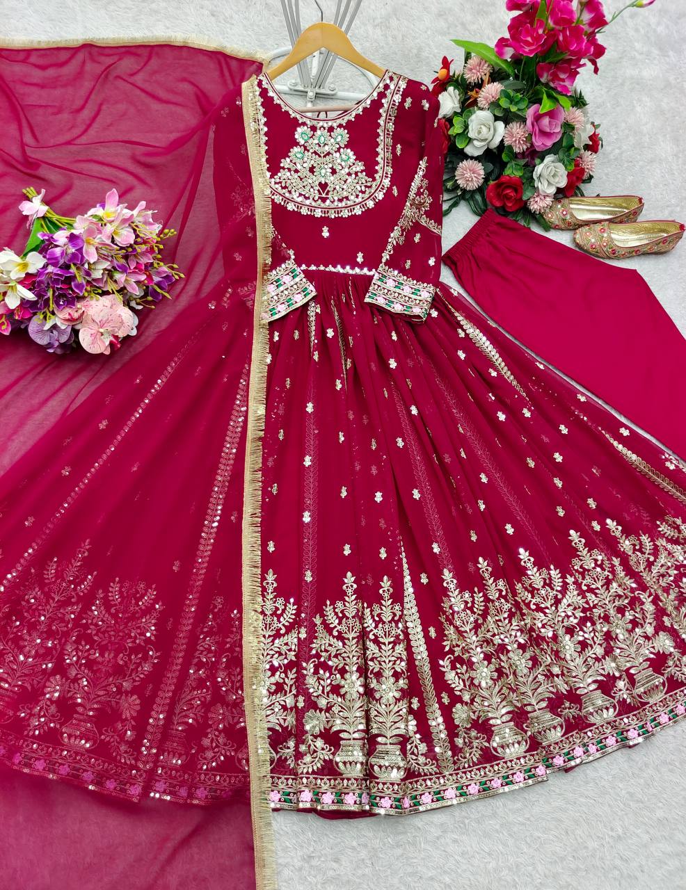 Gorgeous Red Georgette Embroidery Work Gown