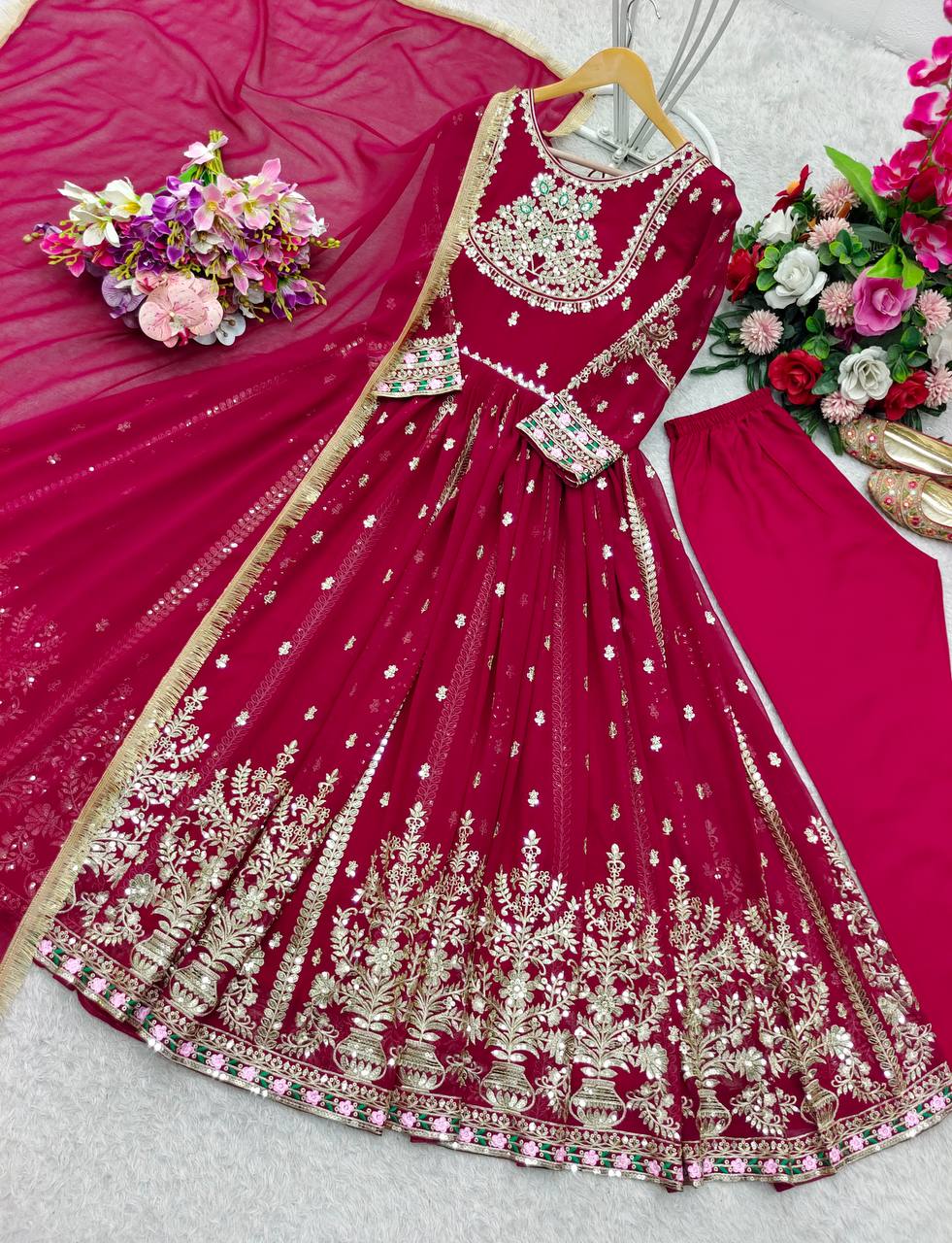 Gorgeous Red Georgette Embroidery Work Gown