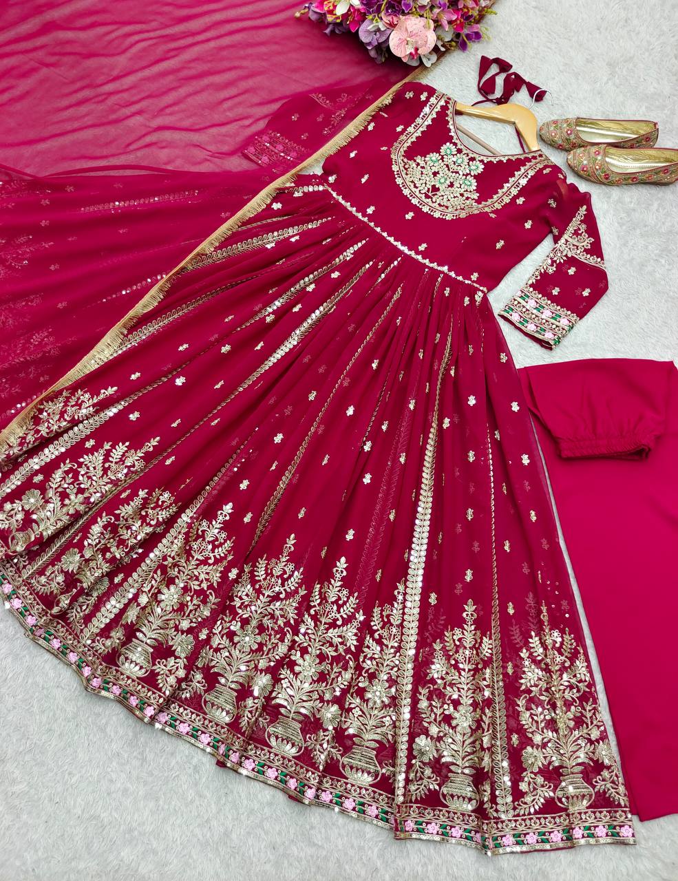 Gorgeous Red Georgette Embroidery Work Gown