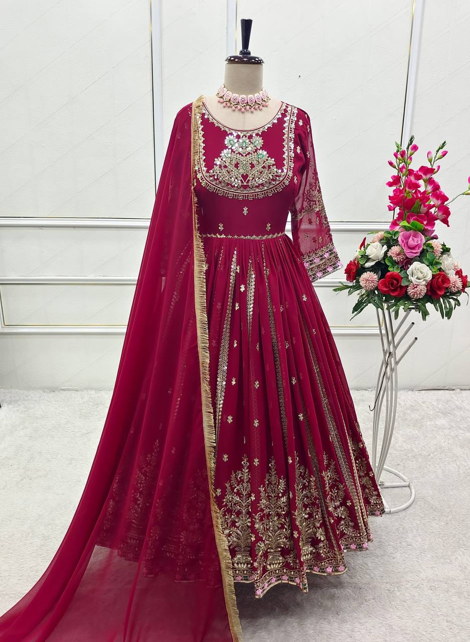 Gorgeous Red Georgette Embroidery Work Gown