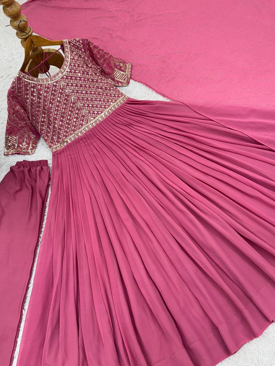 Embroidery With Sequence Work Pink Color Designer Gown