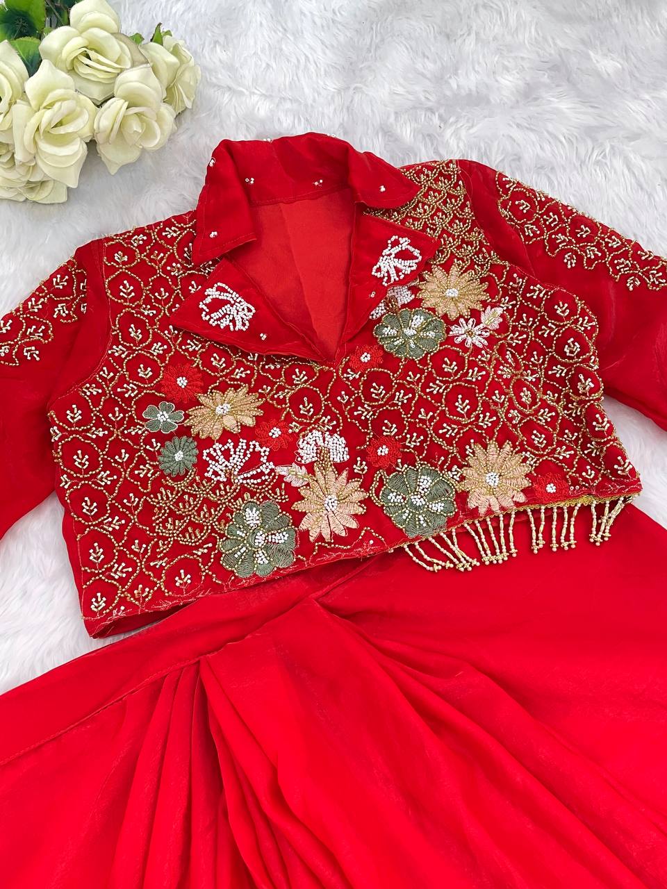 Red Color Embellished V Neck Dhoti Style Skirt