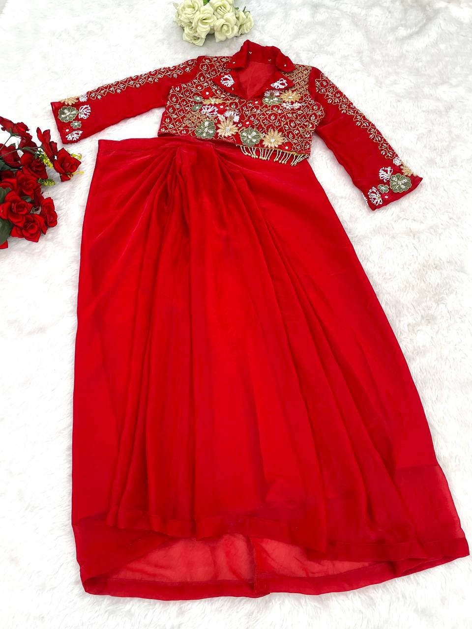 Red Color Embellished V Neck Dhoti Style Skirt