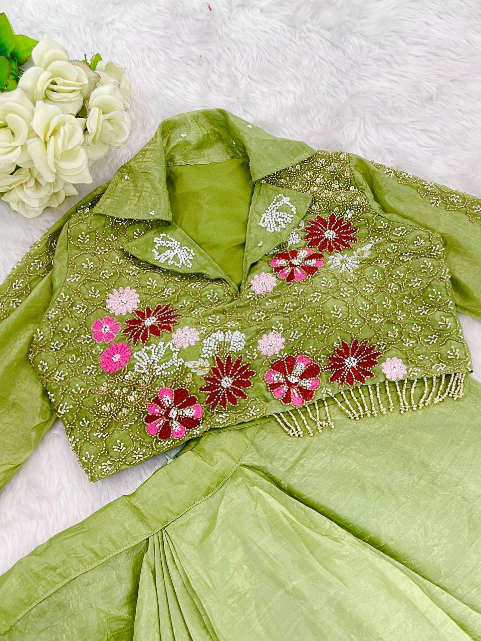 Pista Color Embellished V Neck Dhoti Style Skirt