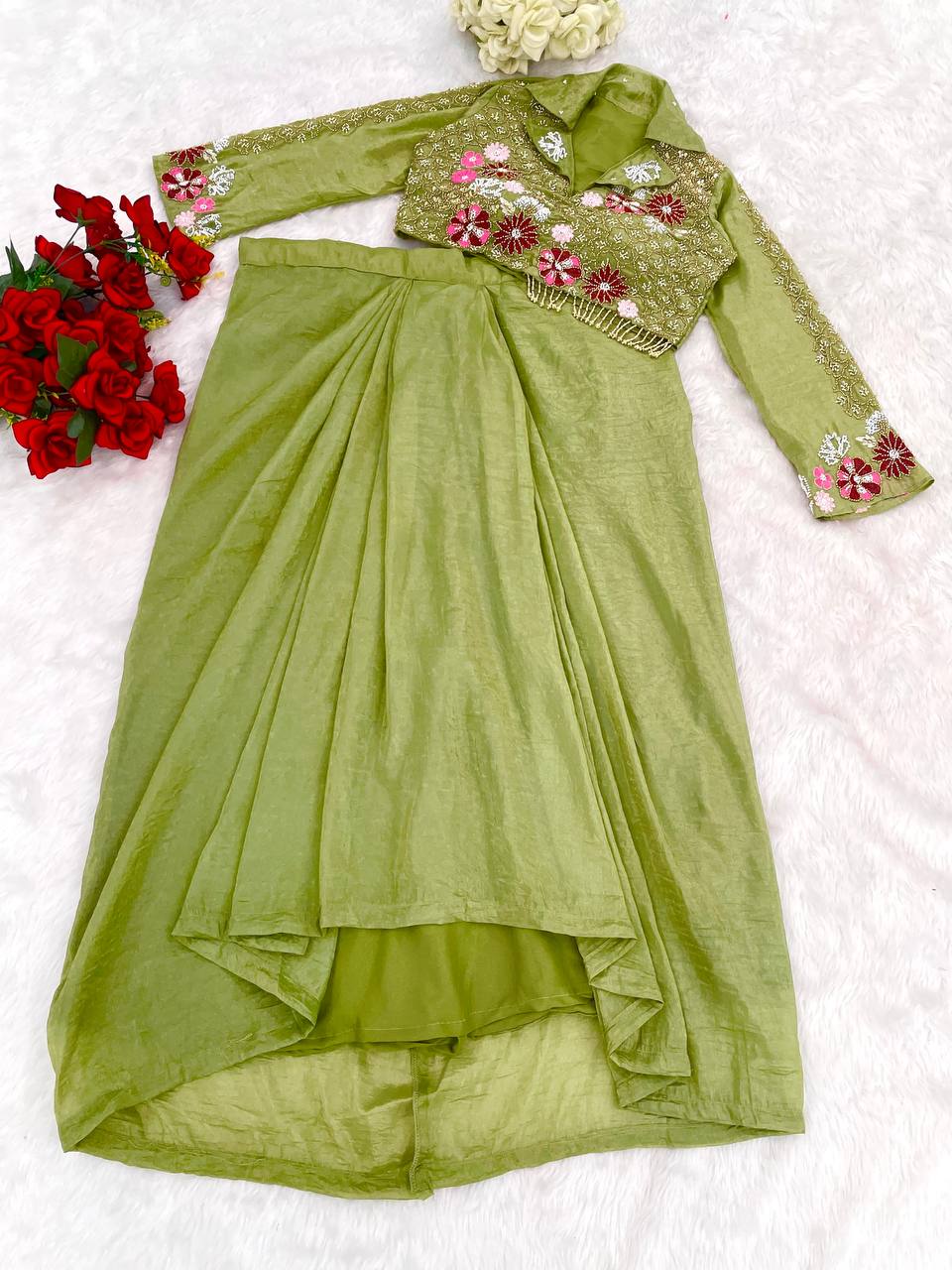 Pista Color Embellished V Neck Dhoti Style Skirt