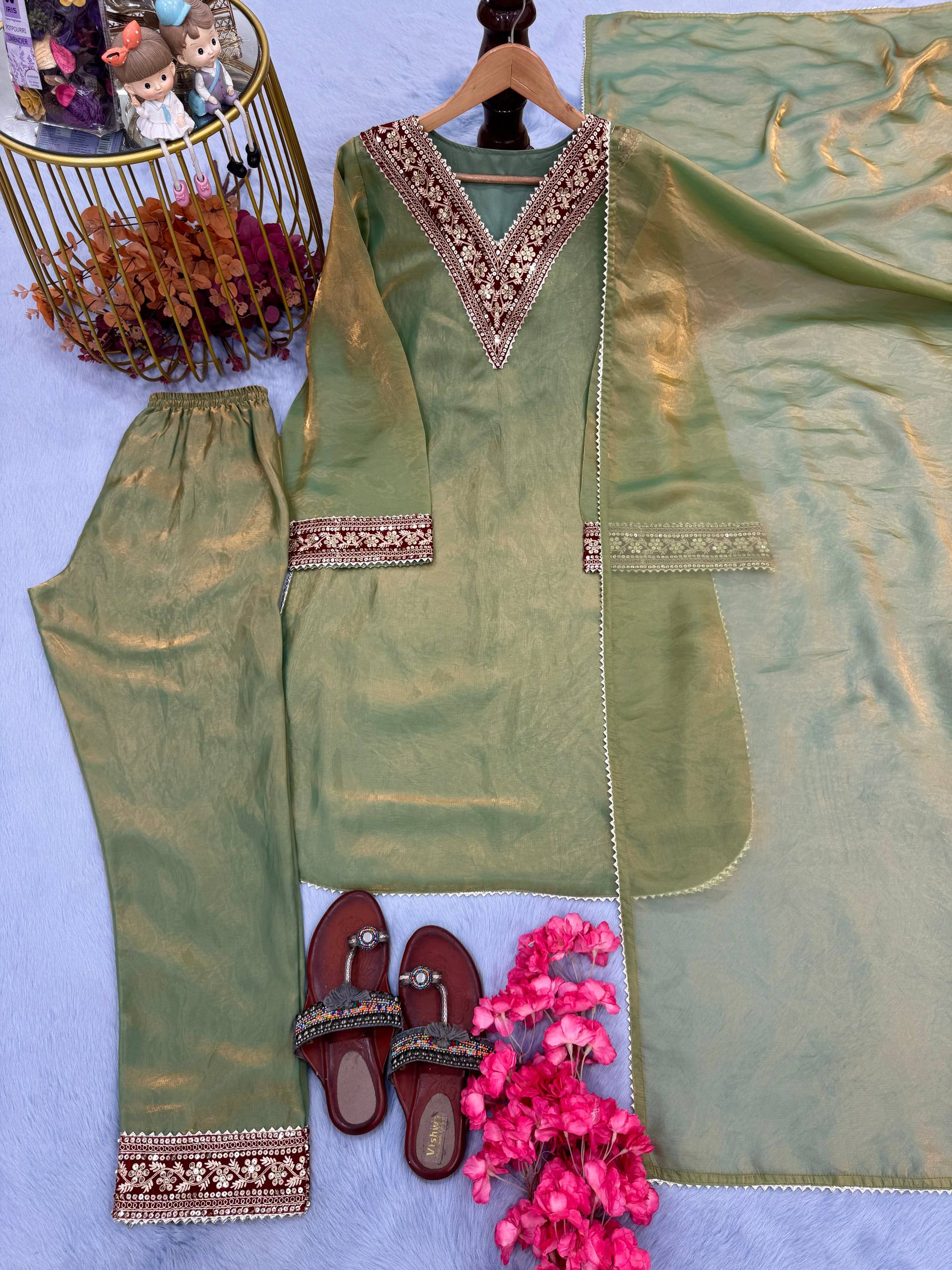 Gold Silk Mehndi Color Embroidered Straight Salwar Suit