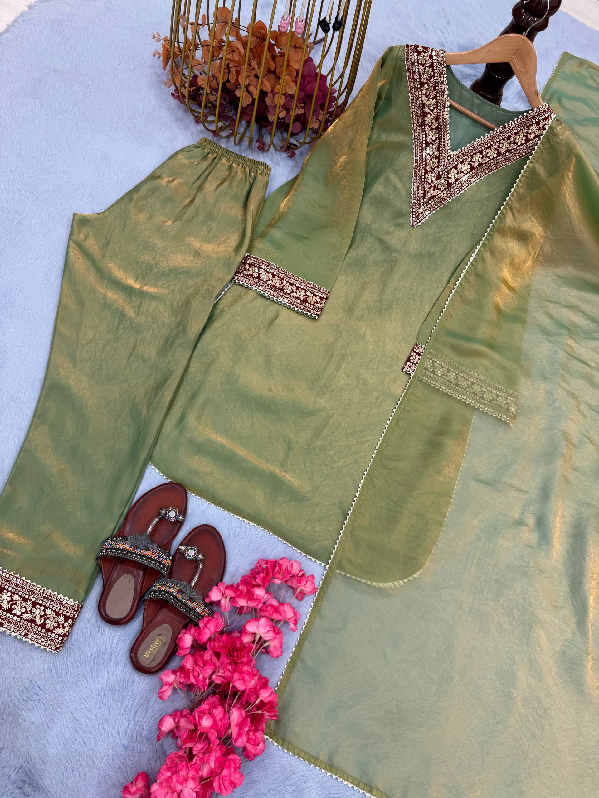 Gold Silk Mehndi Color Embroidered Straight Salwar Suit