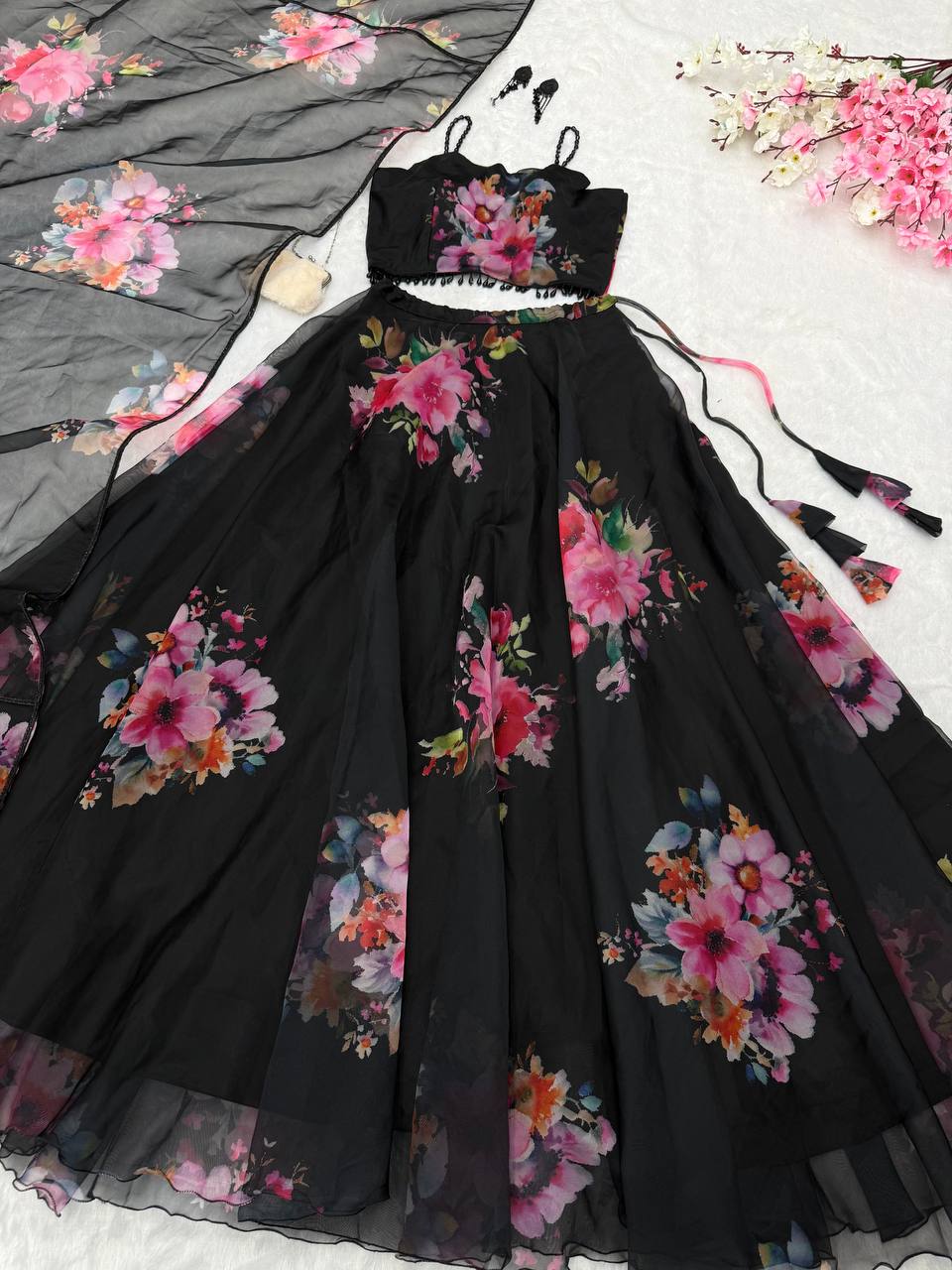 Trendy Black Organza Floral Work Lehenga Choli