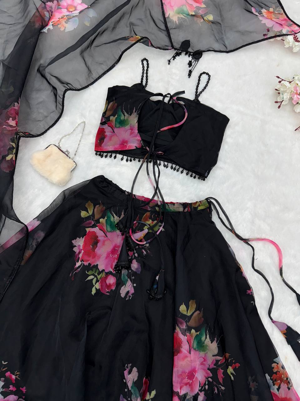 Trendy Black Organza Floral Work Lehenga Choli