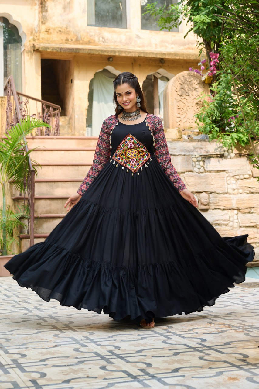 Black Color Kutchi Gamthi Embroidered Festival Wear Gown