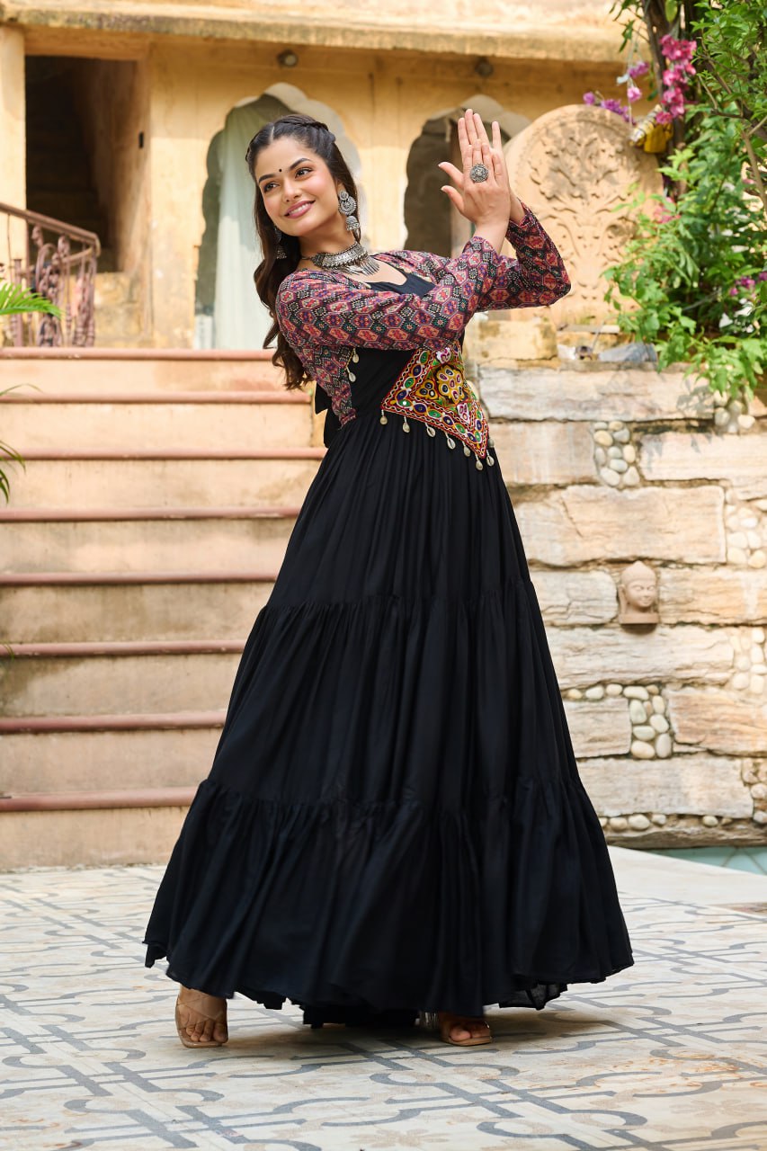 Black Color Kutchi Gamthi Embroidered Festival Wear Gown