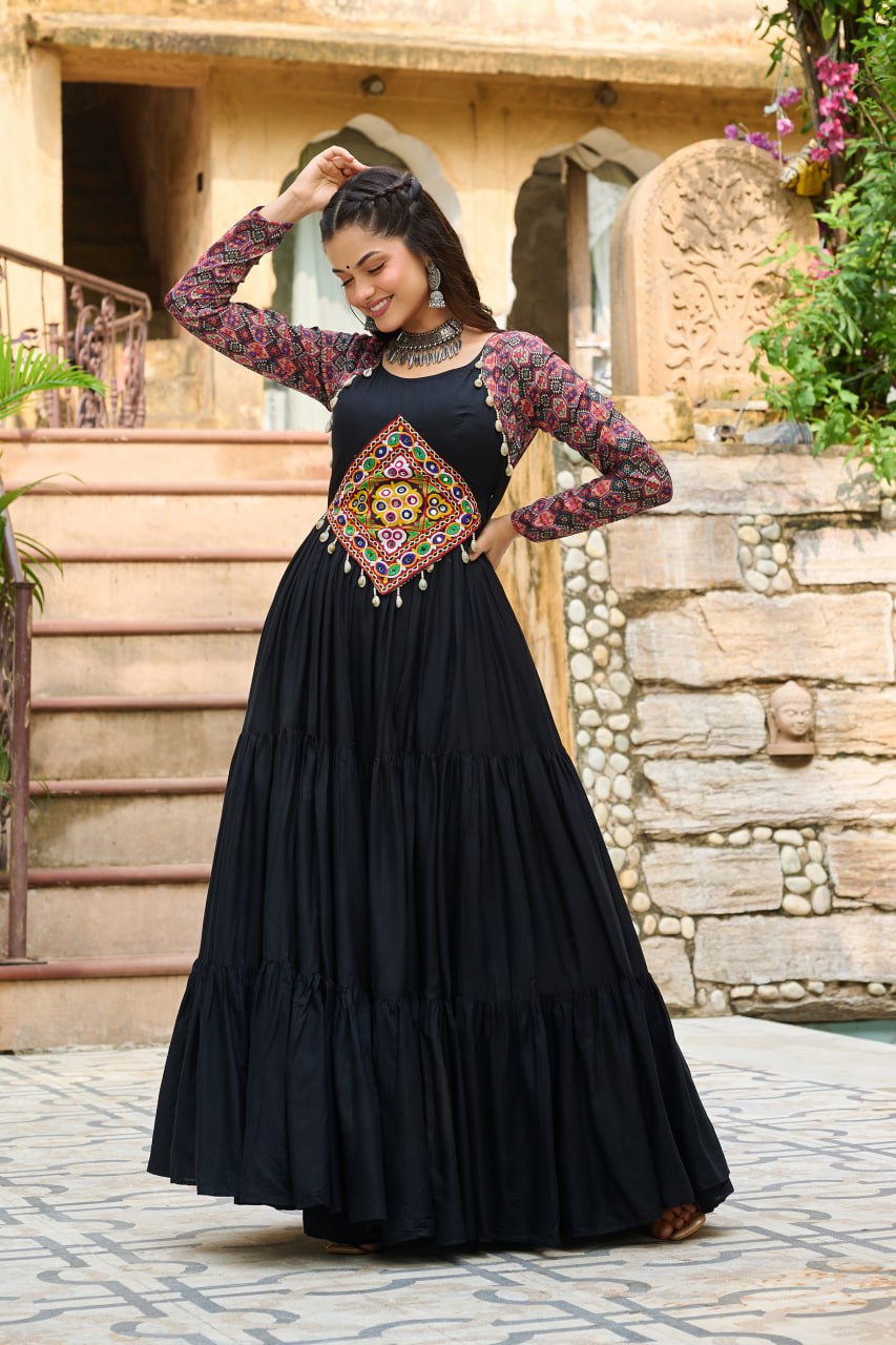 Black Color Kutchi Gamthi Embroidered Festival Wear Gown