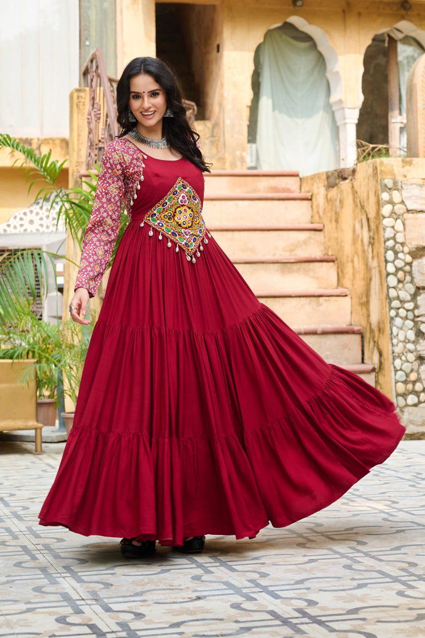 Maroon Color Kutchi Gamthi Embroidered Festival Wear Gown