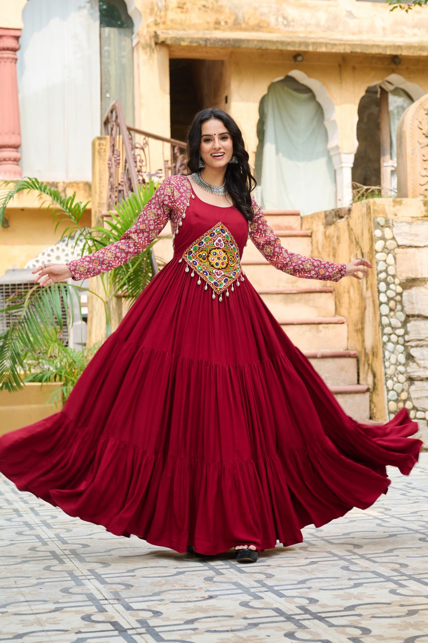 Maroon Color Kutchi Gamthi Embroidered Festival Wear Gown