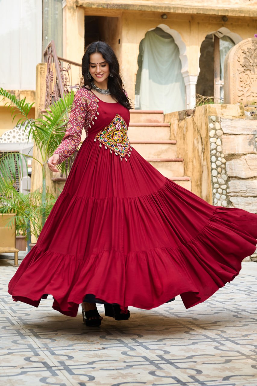Maroon Color Kutchi Gamthi Embroidered Festival Wear Gown