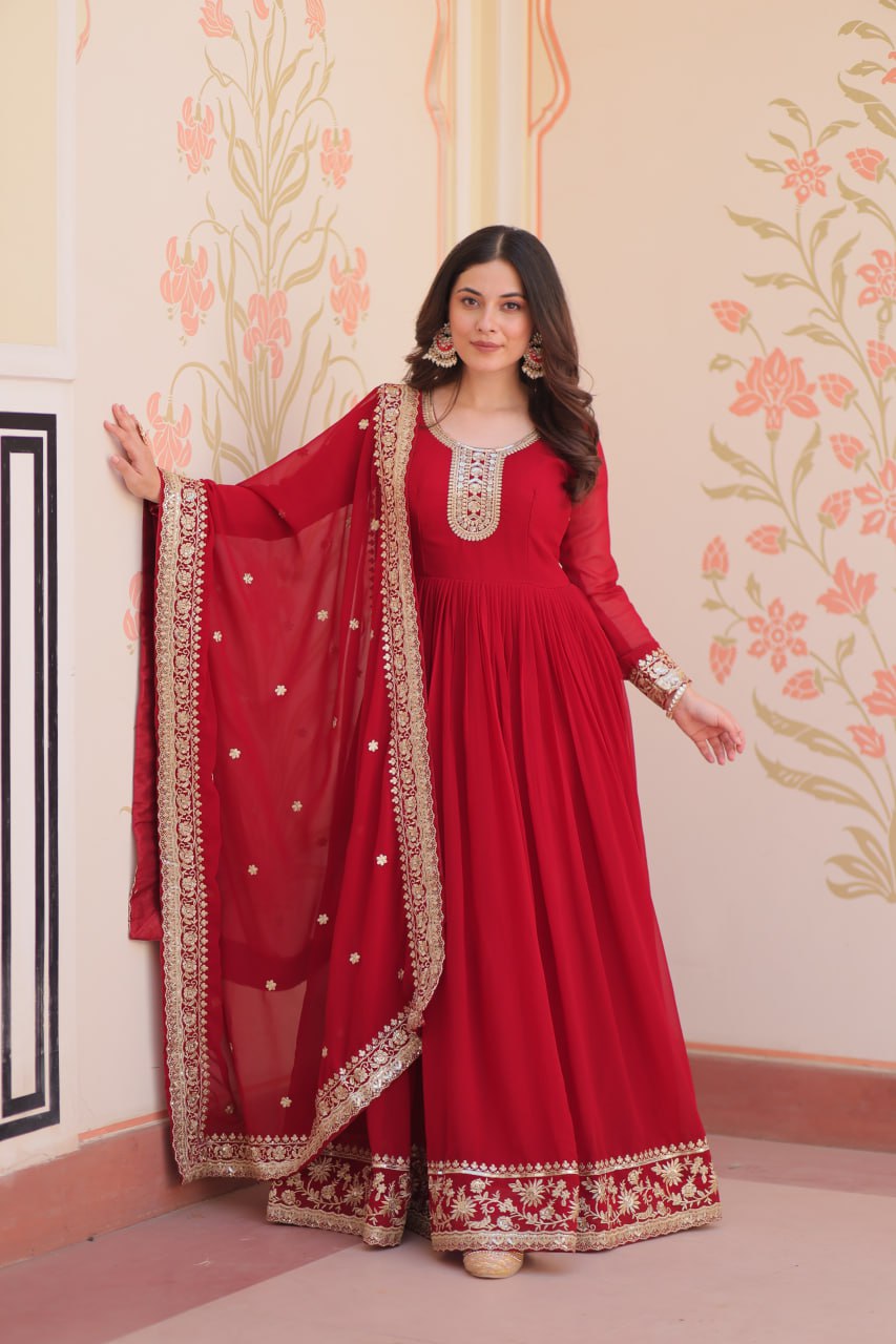 Gorgeous Maroon Color Embroidered Event Wear Gown