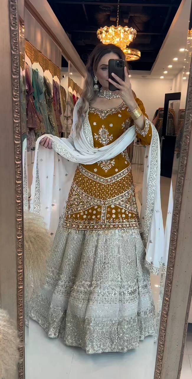 Ravishing Golden Chinon Silk Sequence Work Top With Lehenga