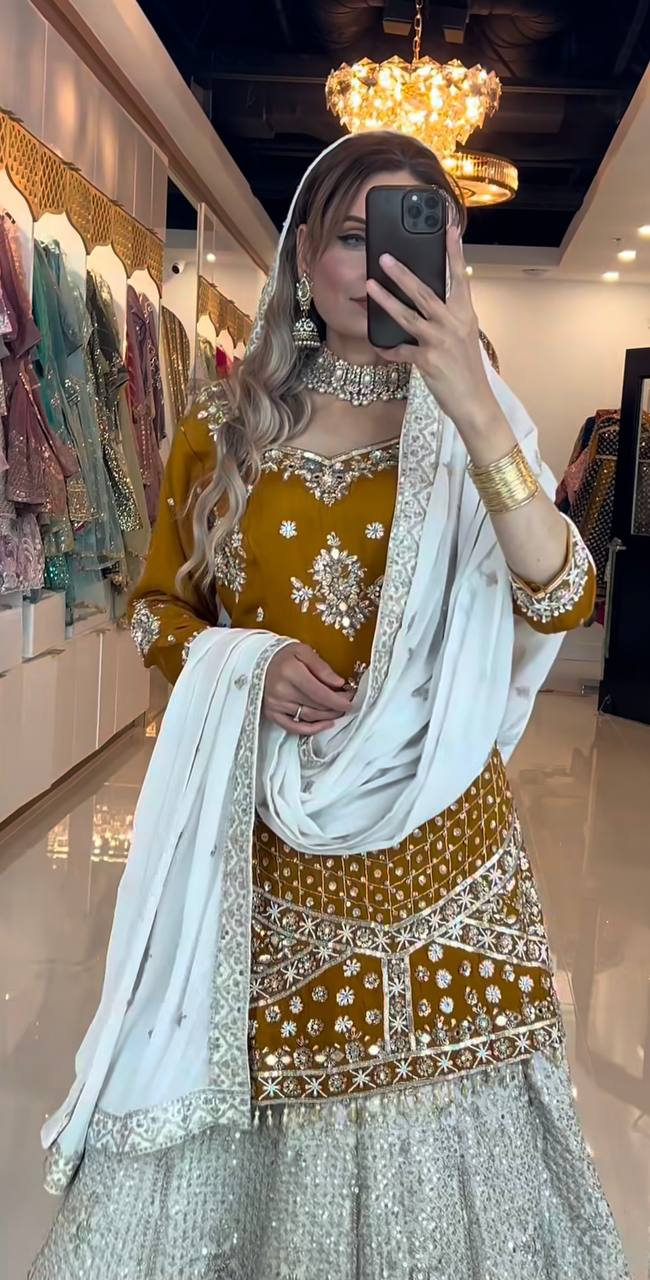 Ravishing Golden Chinon Silk Sequence Work Top With Lehenga
