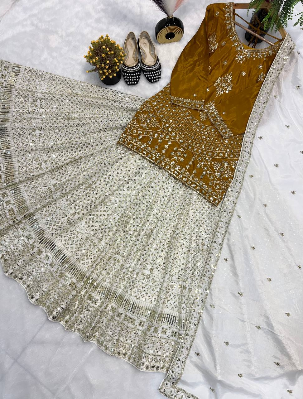 Ravishing Golden Chinon Silk Sequence Work Top With Lehenga