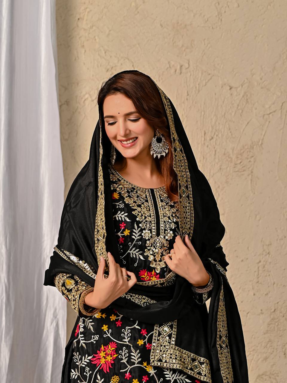 Fully Stitched Sequence Work Black Color Palazzo Suit