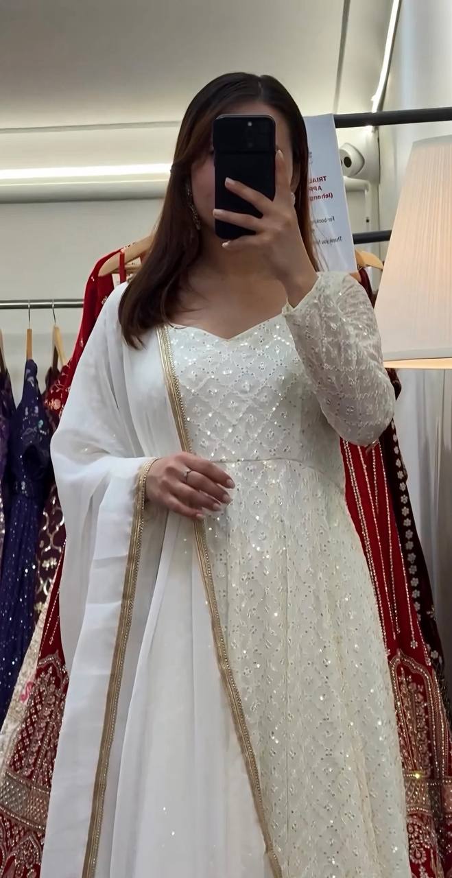 Attractive White Faux Blooming Embroidery Anarkali Suit