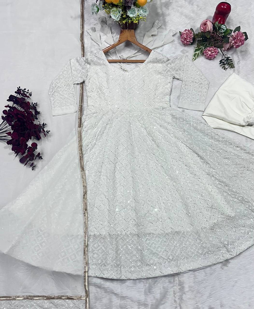 Attractive White Faux Blooming Embroidery Anarkali Suit