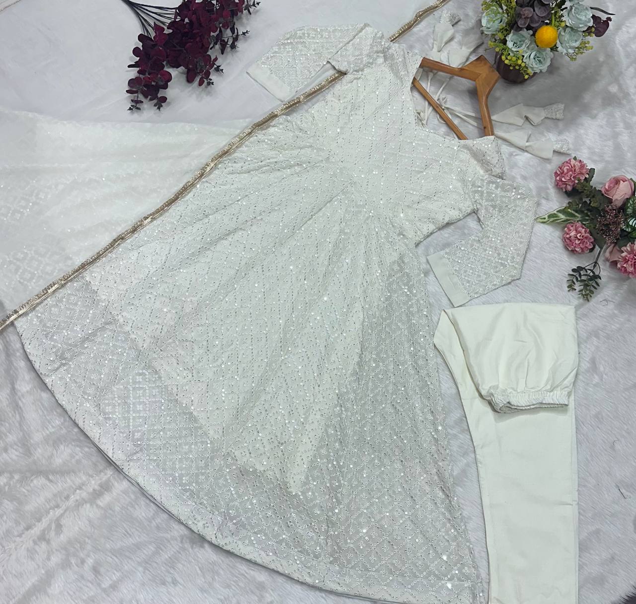 Attractive White Faux Blooming Embroidery Anarkali Suit