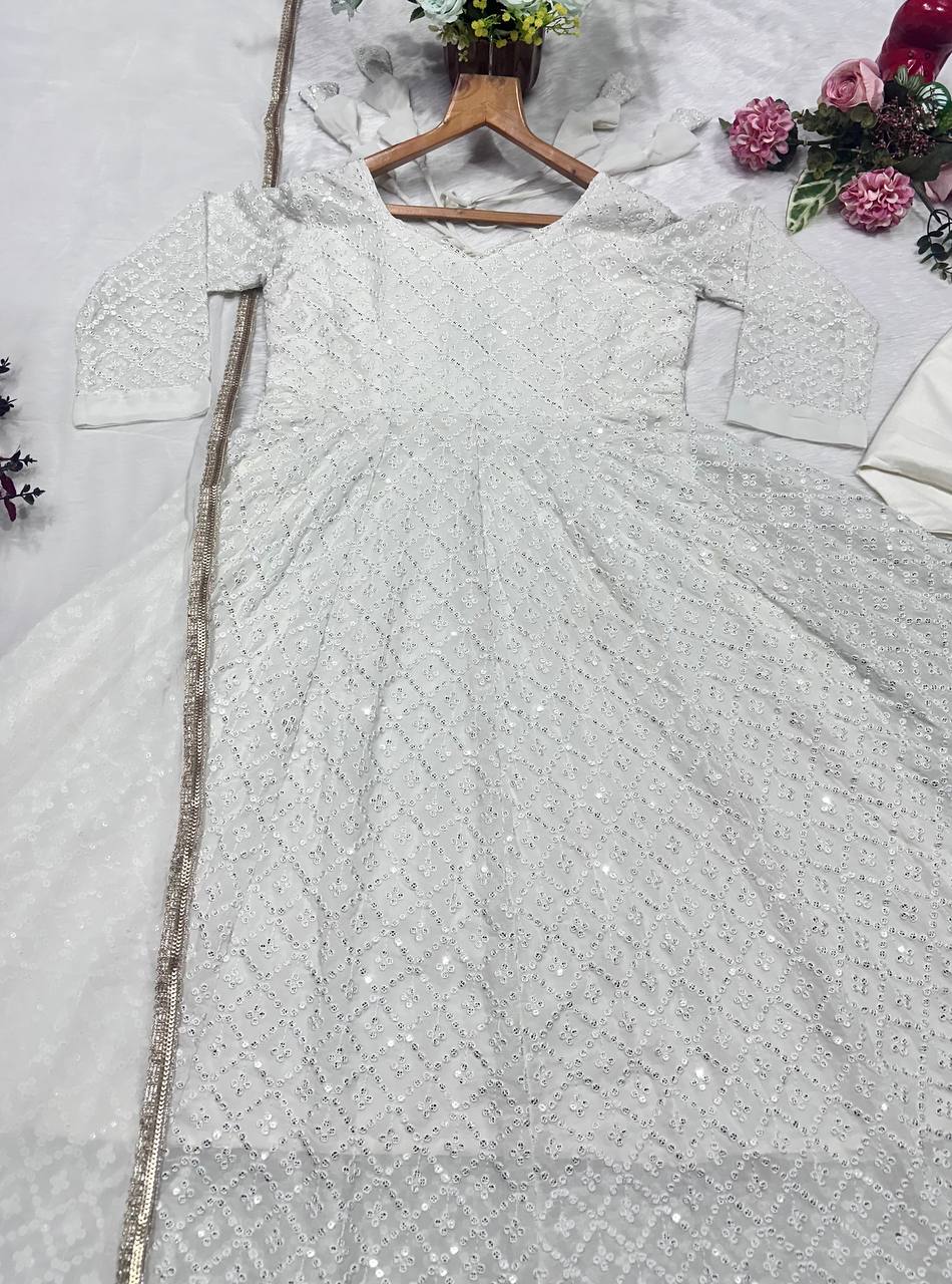 Attractive White Faux Blooming Embroidery Anarkali Suit