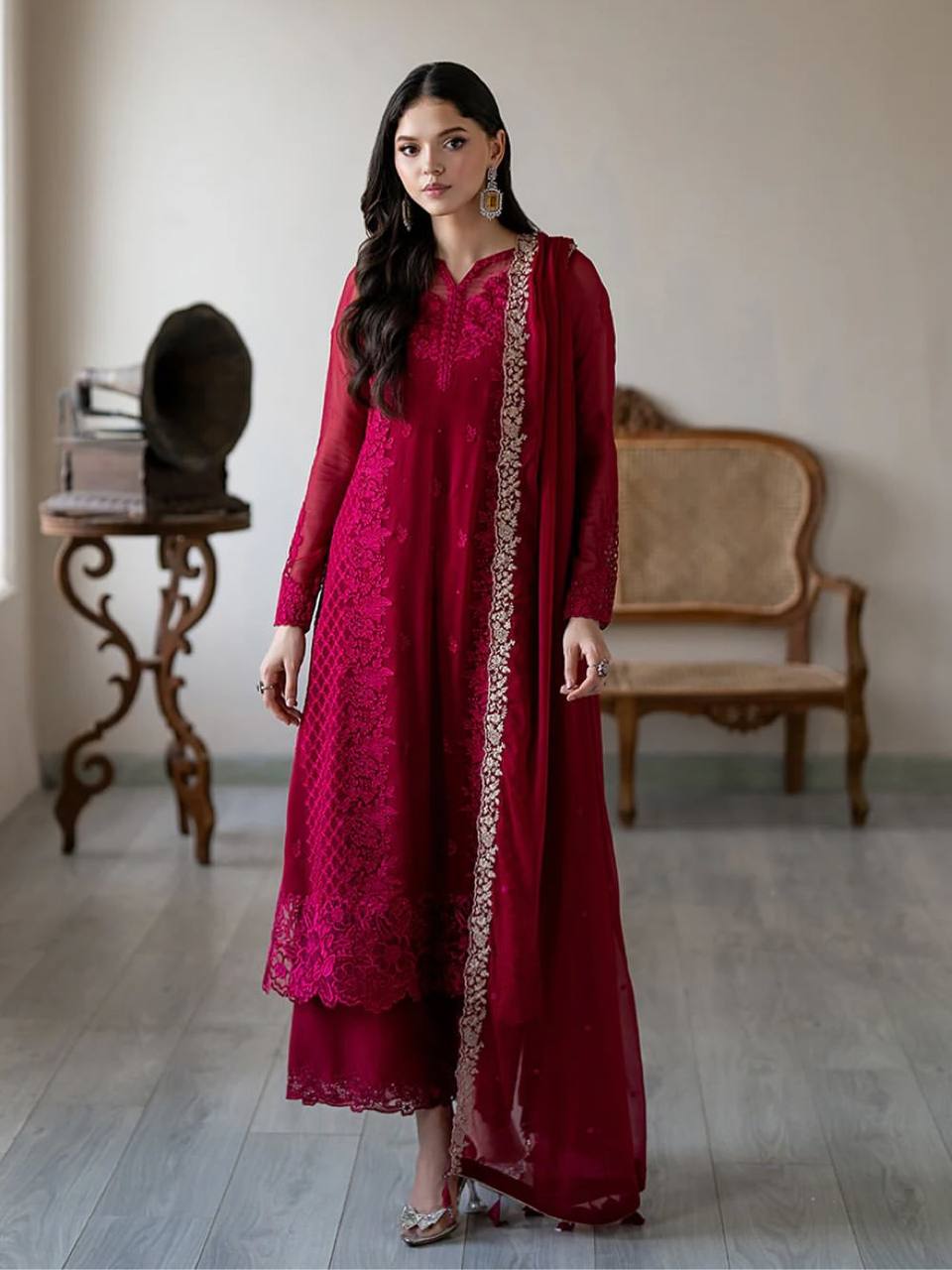 Stylish Maroon Georgette Embroidery Straight Salwar Suit