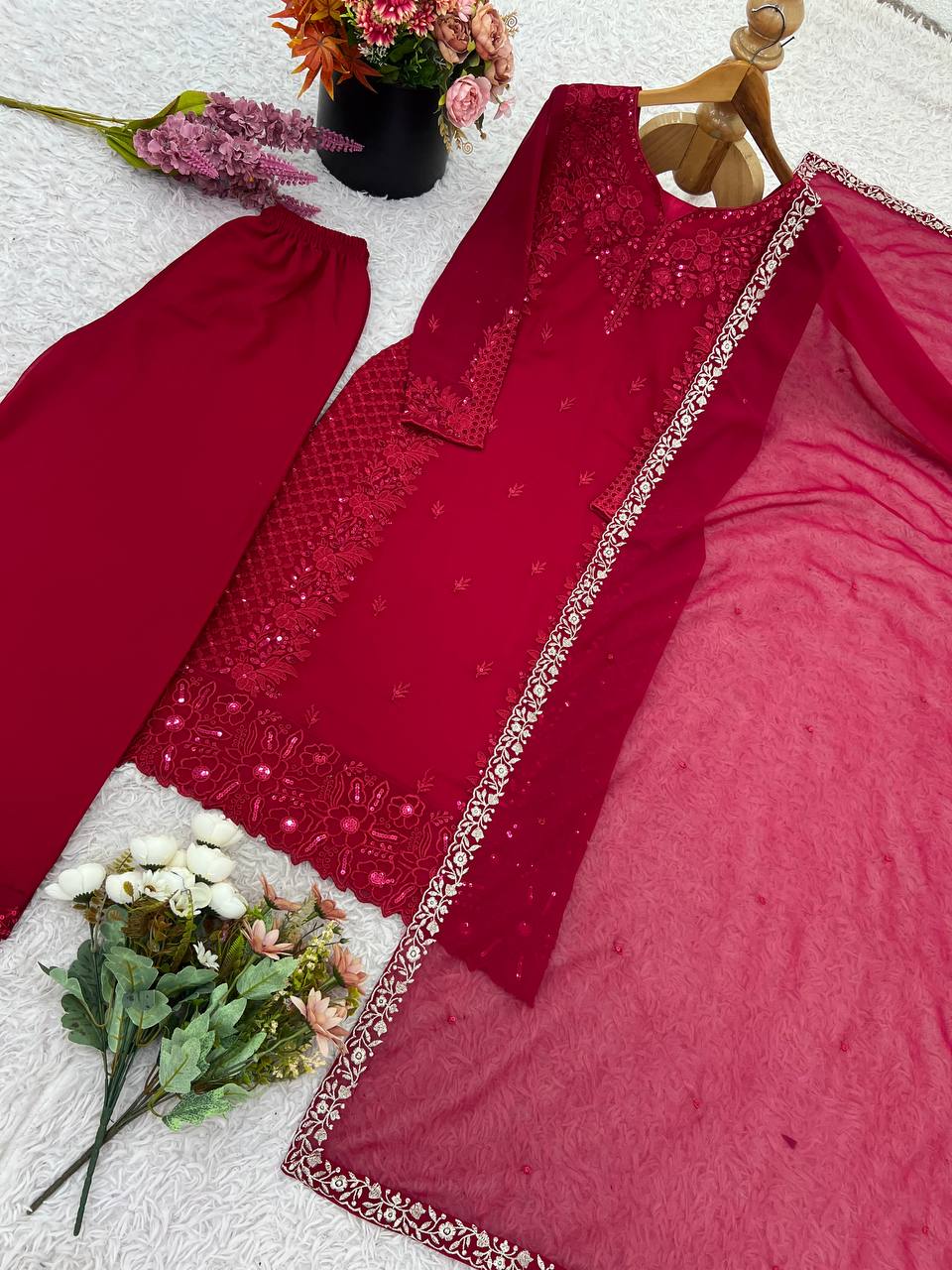 Stylish Maroon Georgette Embroidery Straight Salwar Suit