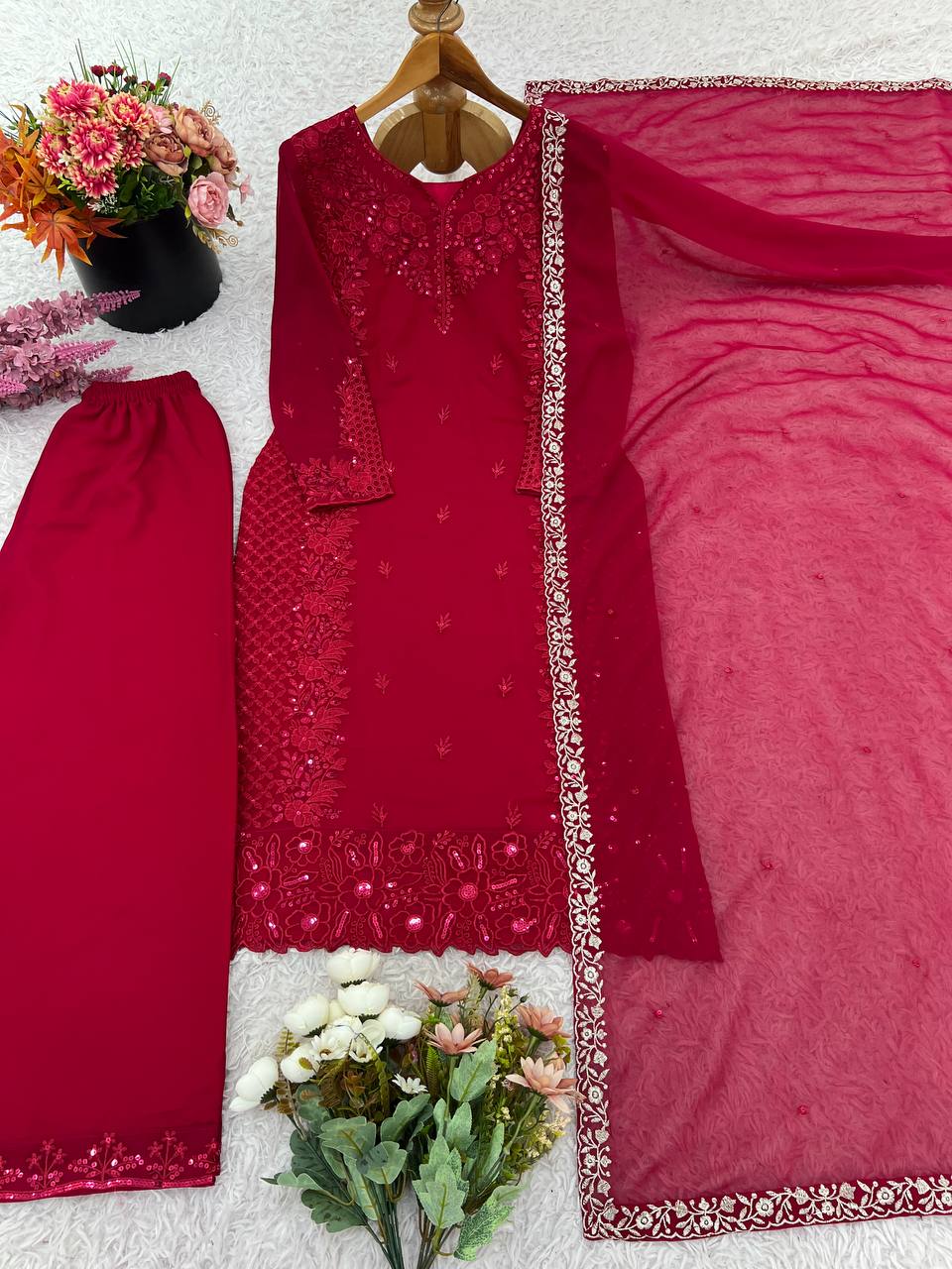 Stylish Maroon Georgette Embroidery Straight Salwar Suit