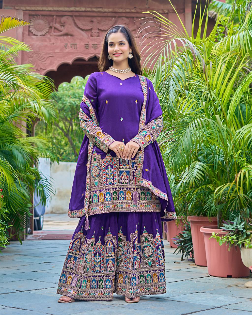 Embroidery Work Purple Color Captivating Sharara Suit