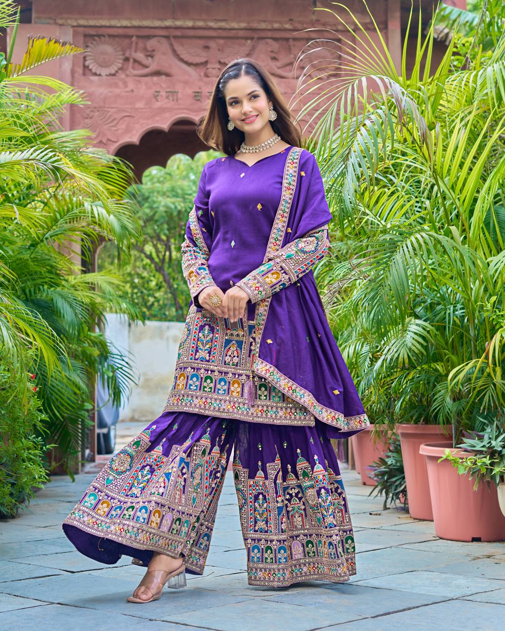 Embroidery Work Purple Color Captivating Sharara Suit