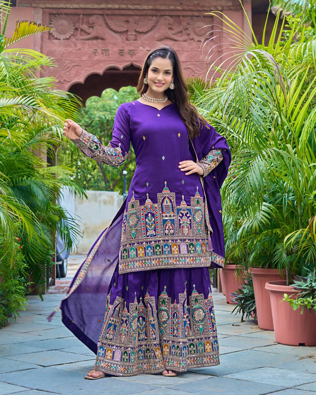 Embroidery Work Purple Color Captivating Sharara Suit