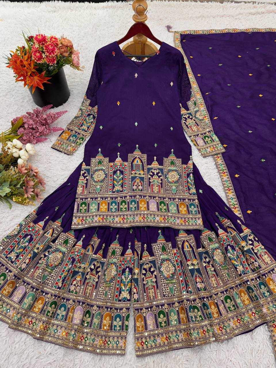 Embroidery Work Purple Color Captivating Sharara Suit