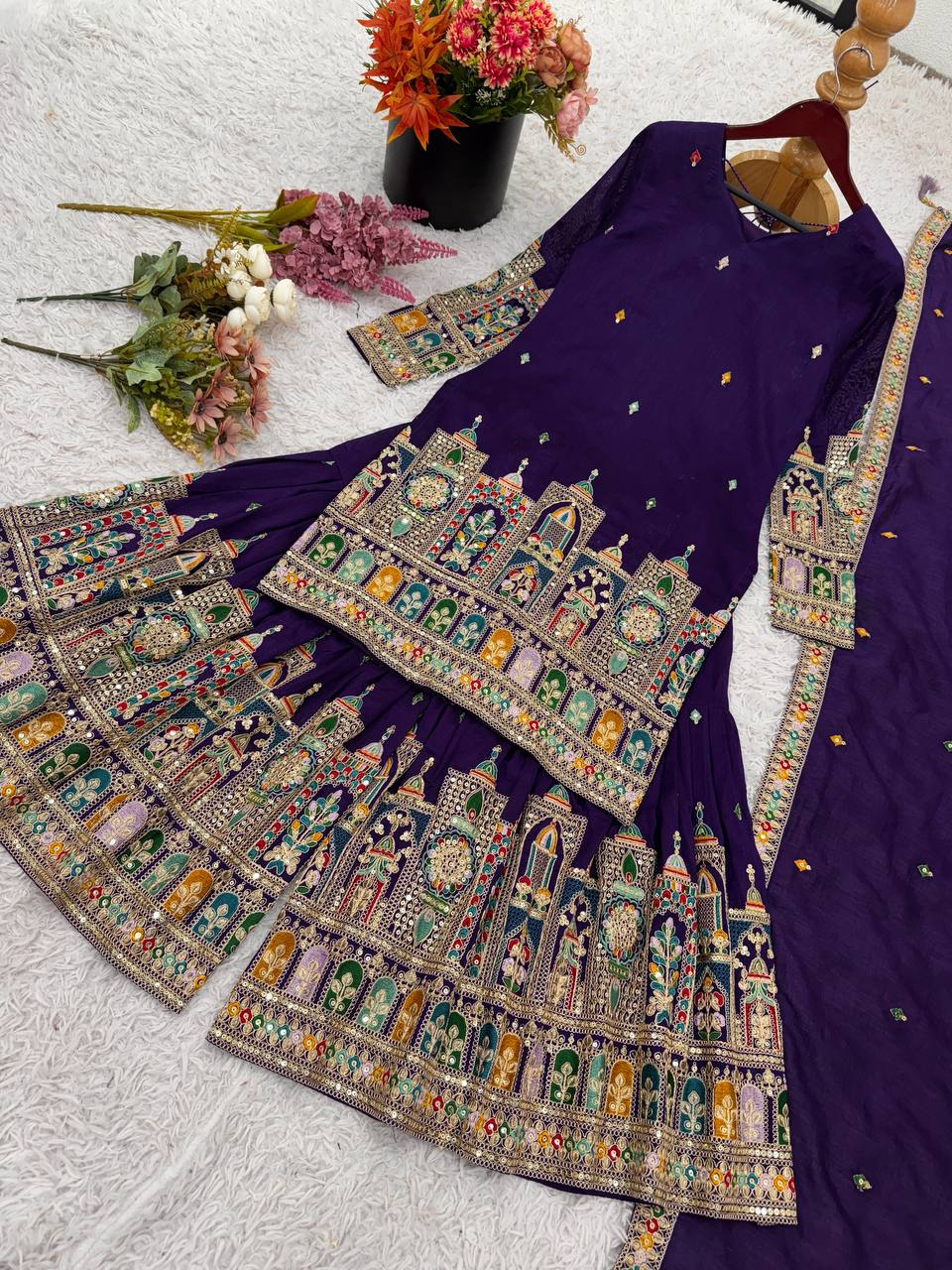 Embroidery Work Purple Color Captivating Sharara Suit