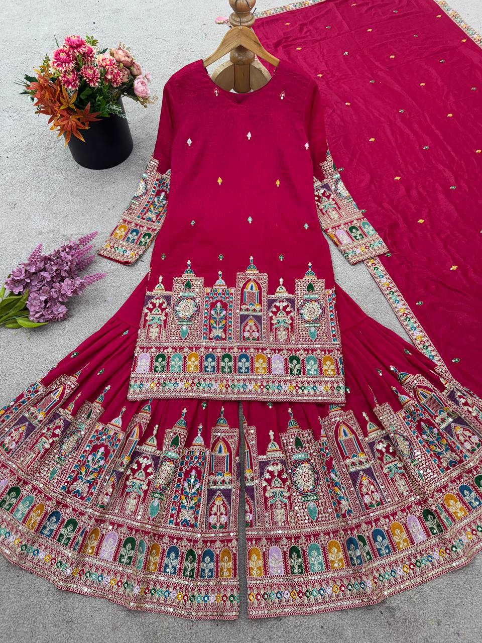 Embroidery Work Pink Color Captivating Sharara Suit