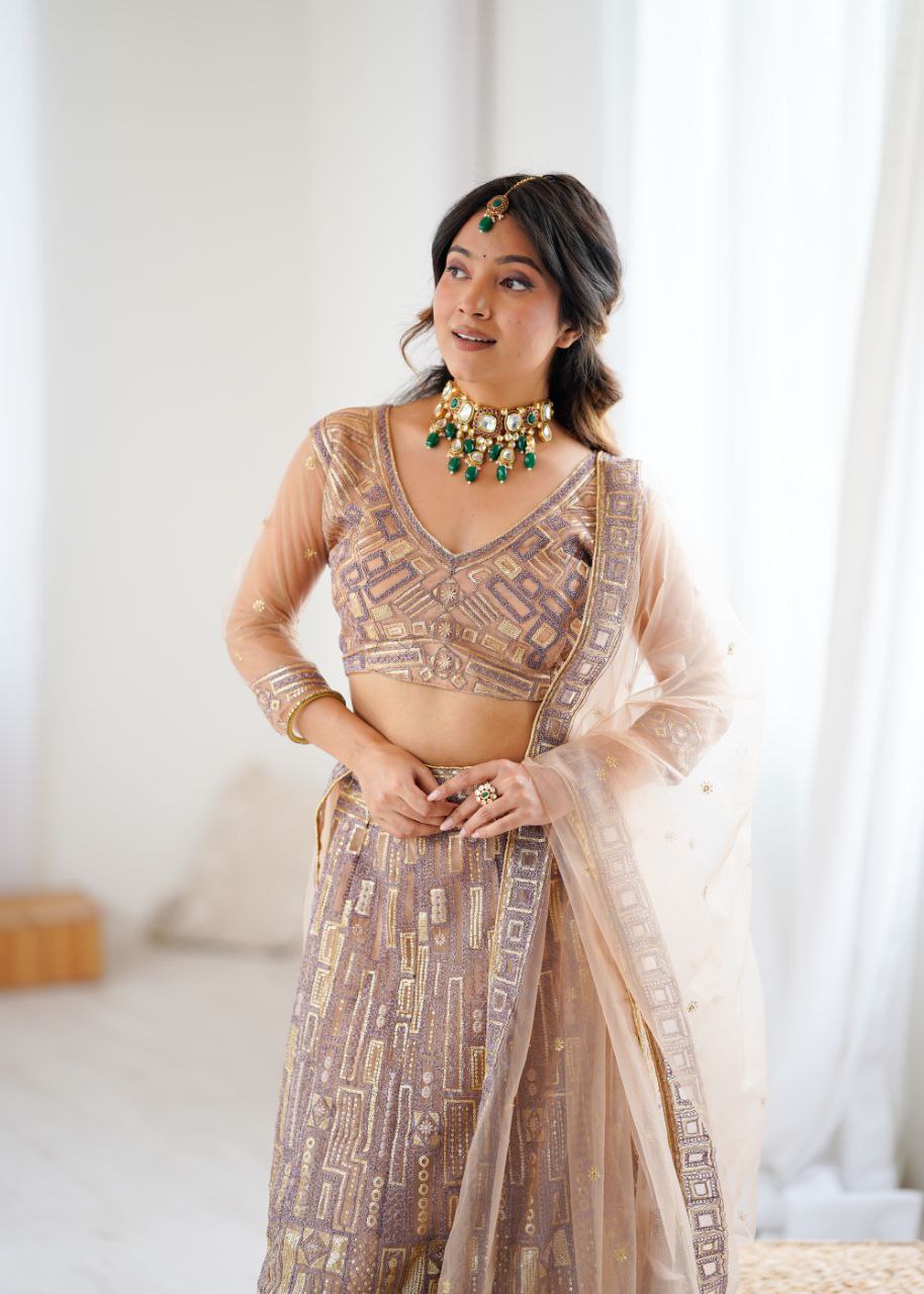 Amazing Beige Net Embroidery Work Lehenga Choli