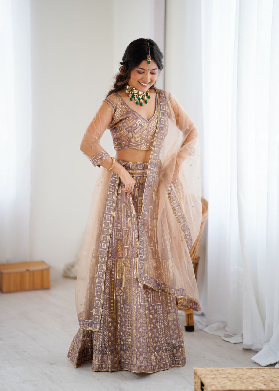 Amazing Beige Net Embroidery Work Lehenga Choli