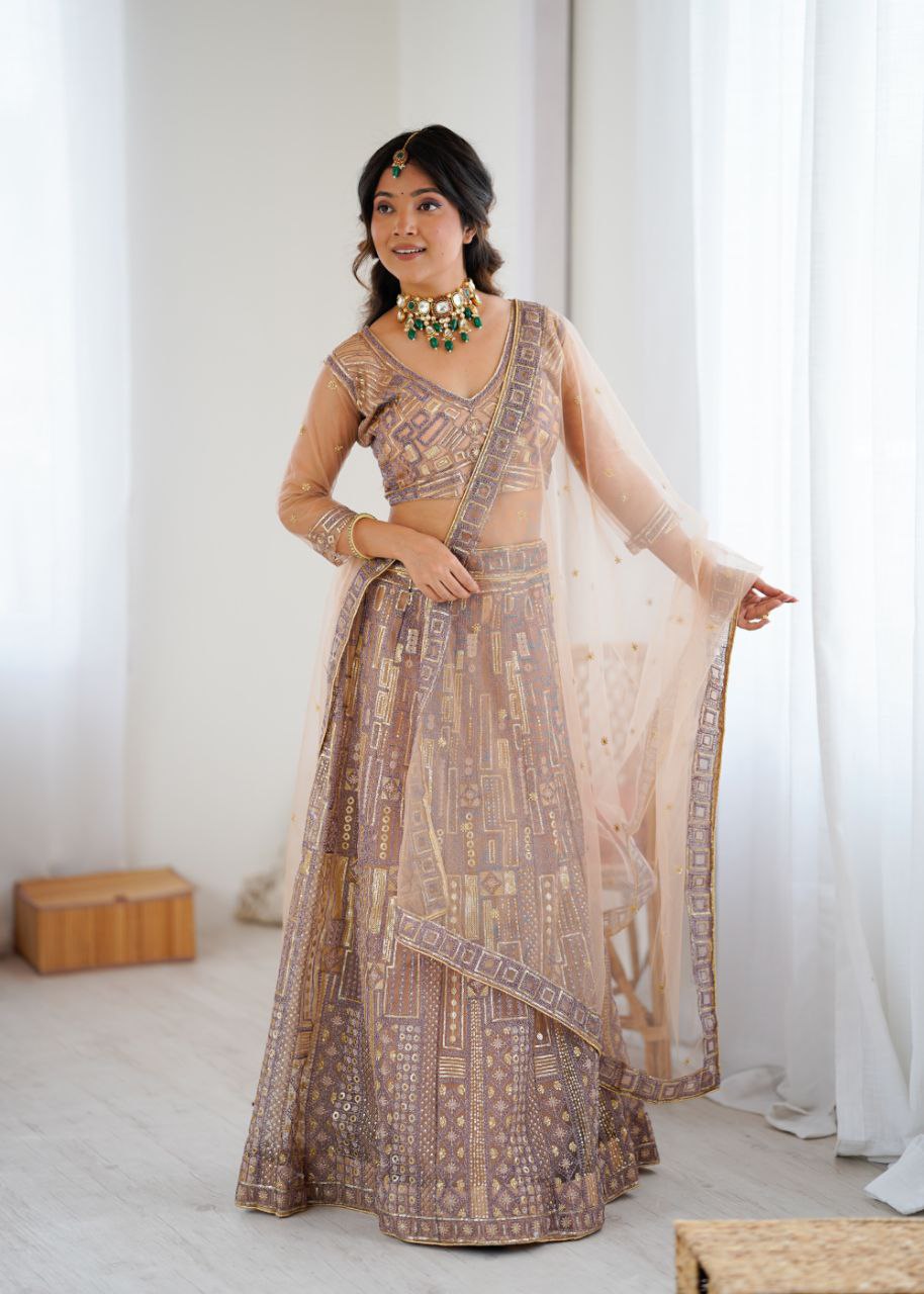 Amazing Beige Net Embroidery Work Lehenga Choli