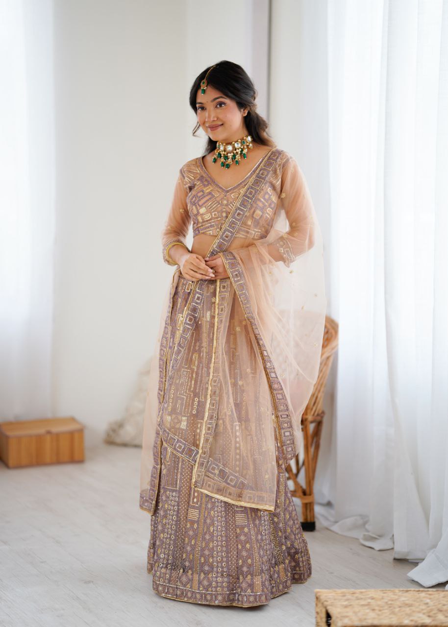 Amazing Beige Net Embroidery Work Lehenga Choli