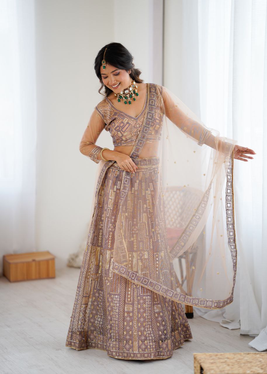 Amazing Beige Net Embroidery Work Lehenga Choli