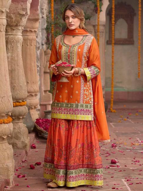 Ravishing Orange Chinon Silk with Mirror Work Sharara Suit