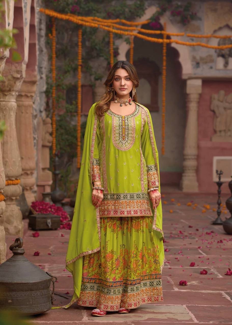 Ravishing Orange Chinon Silk with Mirror Work Sharara Suit