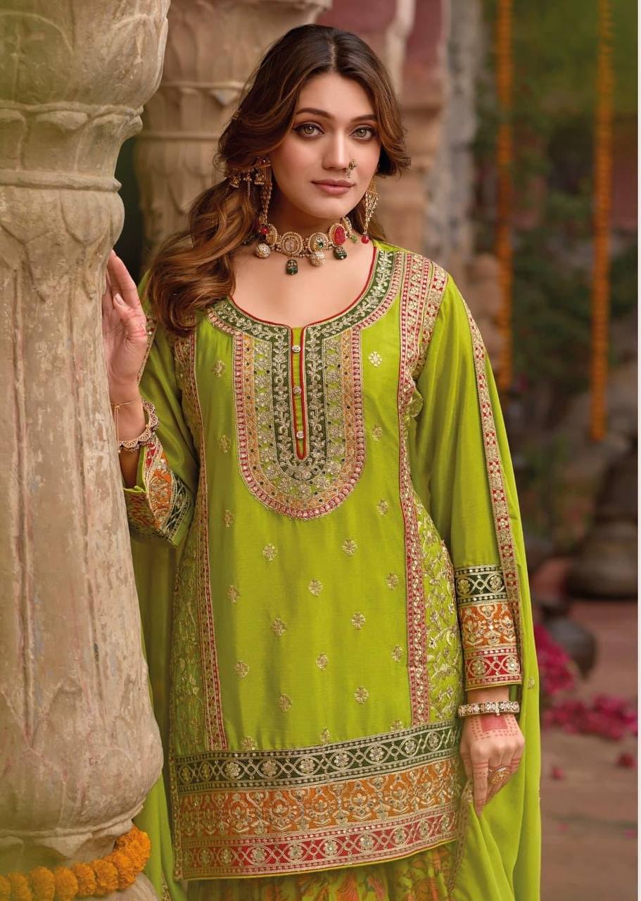 Ravishing Orange Chinon Silk with Mirror Work Sharara Suit