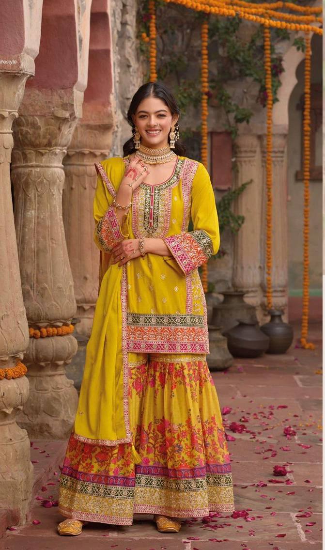 Ravishing Orange Chinon Silk with Mirror Work Sharara Suit