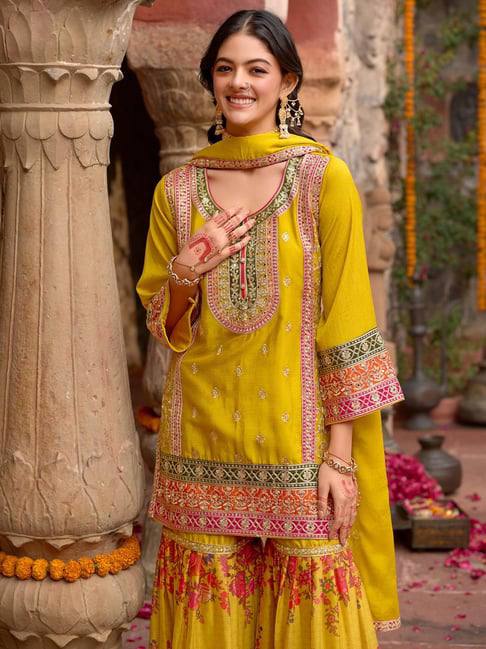Ravishing Orange Chinon Silk with Mirror Work Sharara Suit