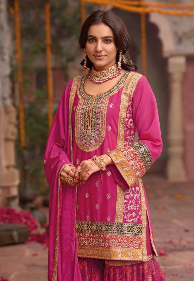 Ravishing Orange Chinon Silk with Mirror Work Sharara Suit