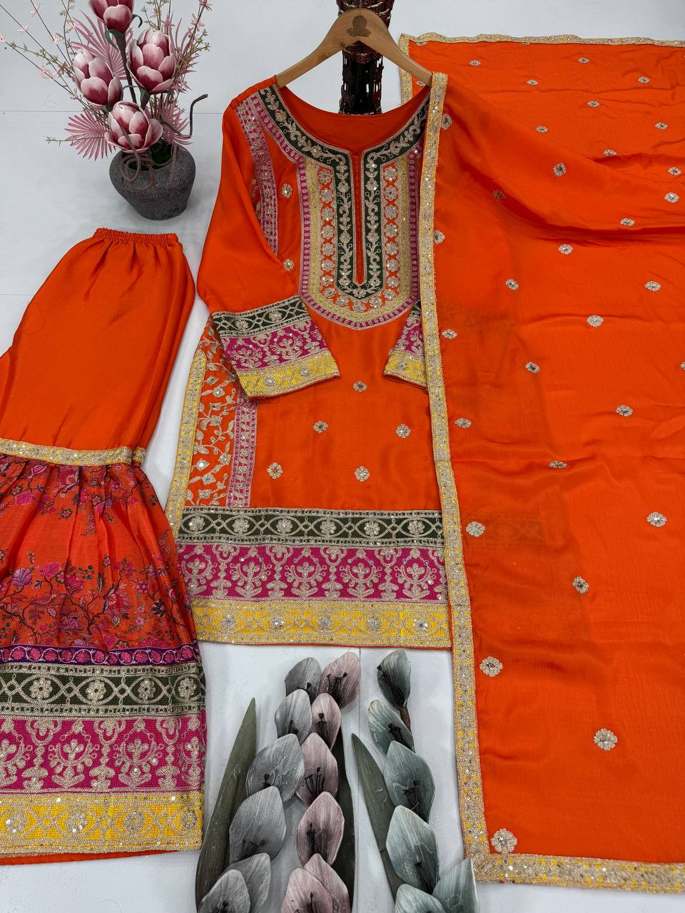Ravishing Orange Chinon Silk with Mirror Work Sharara Suit