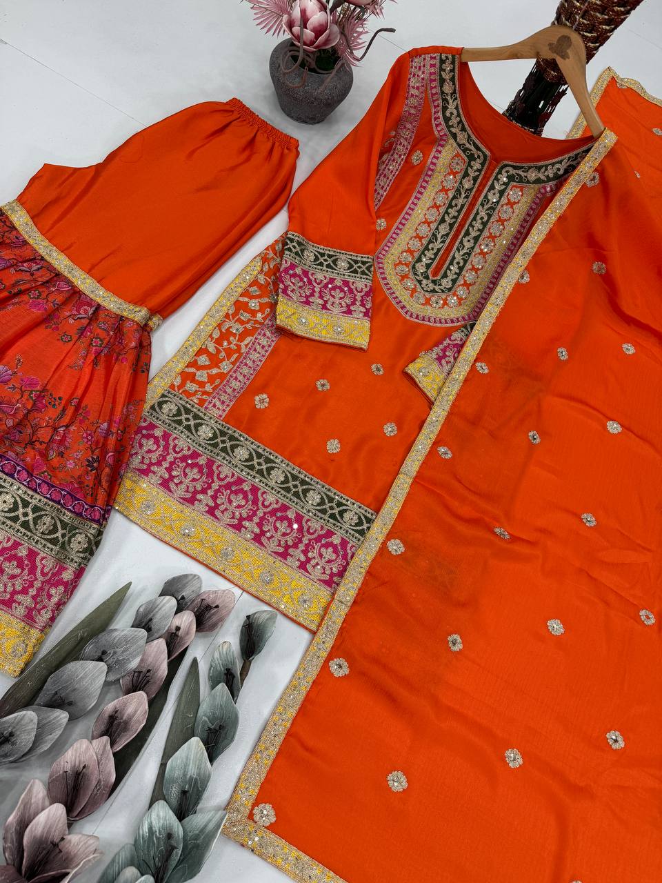 Ravishing Orange Chinon Silk with Mirror Work Sharara Suit